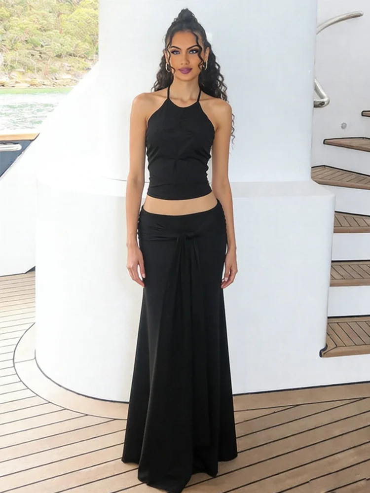 

Whatiwear Summer 2 Piece Set Women Sexy Backless Halter Bandages Sleeveless Tank Top+Ruched Ribbon Long Skirt Chic Vacation Suit