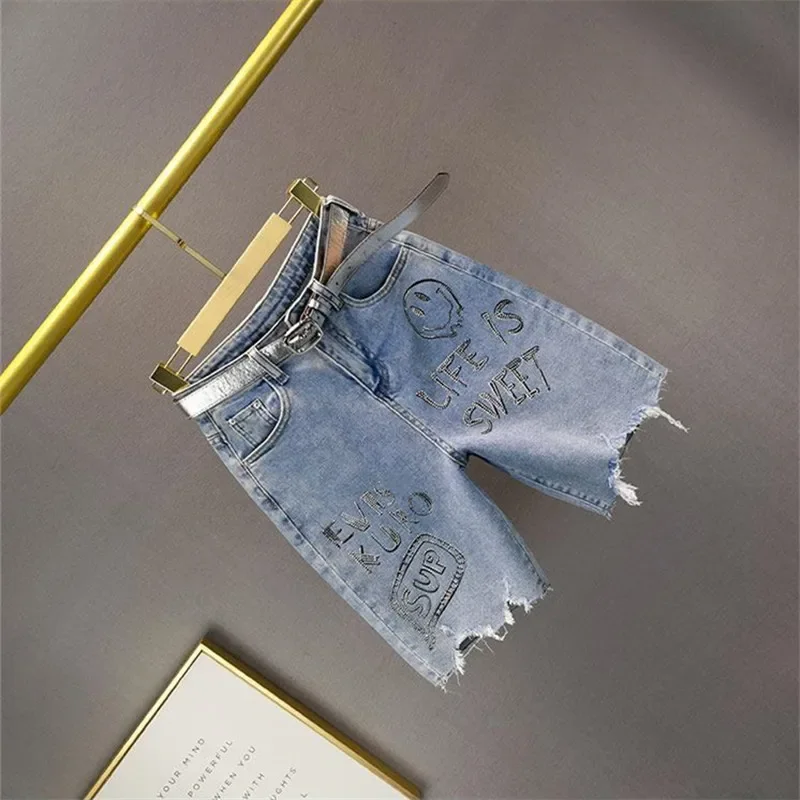 Letter Rhinestone Ripped Knee-Length Denim Pants For Women 2022 Summer New Light Blue High Waist Slim Fit Short Jeans Ropa Mujer