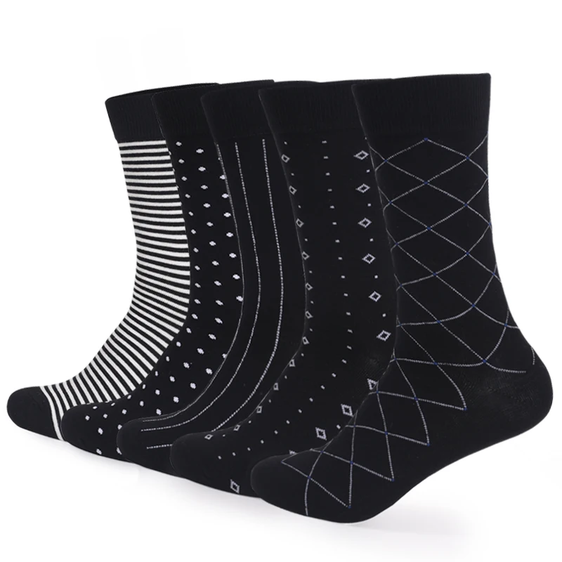 5 Pairs New Style Breathable Soft Black White Business Men Combed Cotton Dress Socks Stripe Grid Men Socks Large Size EU41-48