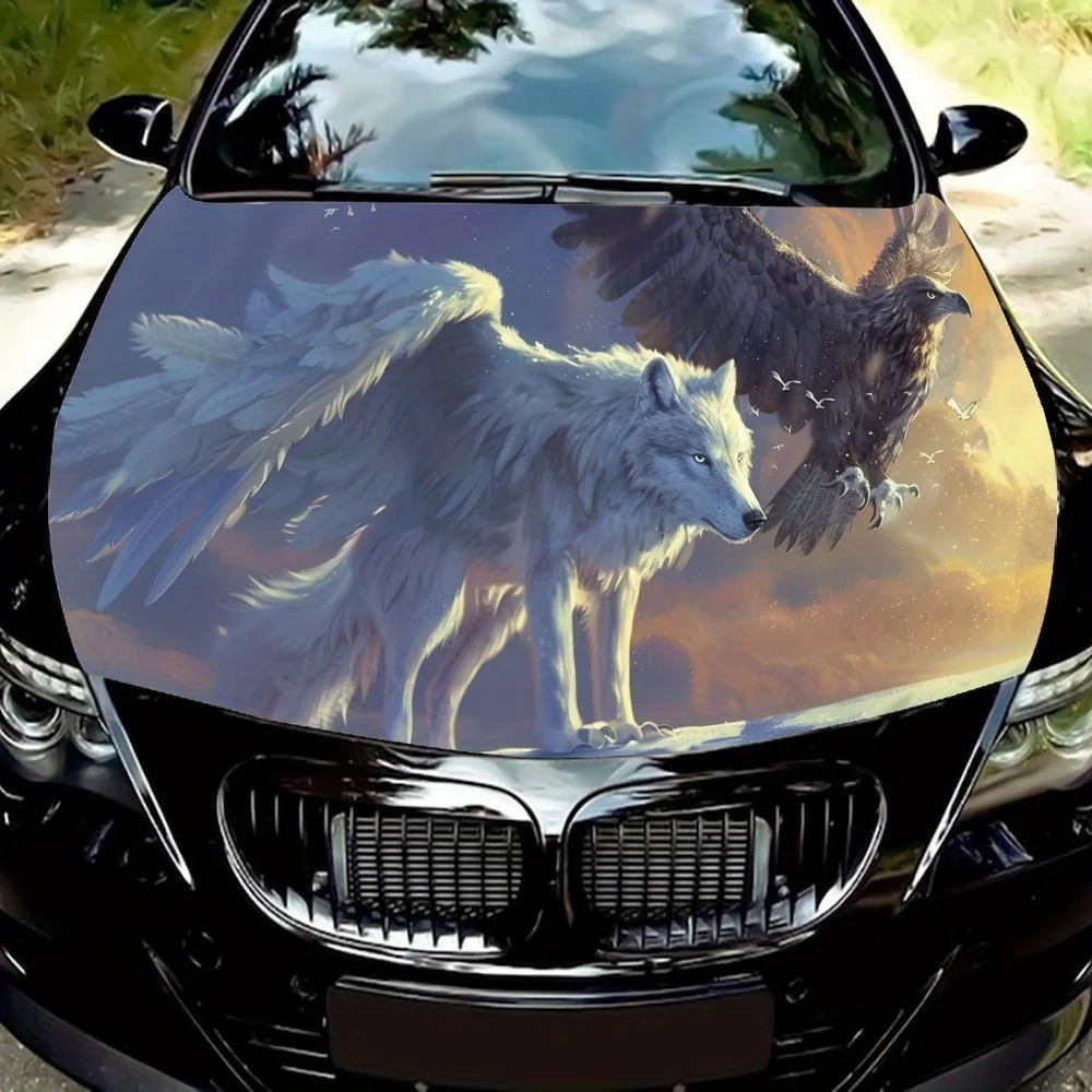 

Наклейка на капот двигателя автомобиля Eagle and Winged White Wolf, водонепроницаемая самоклеящаяся виниловая наклейка для автомобиля, персонализированный автоэкстер