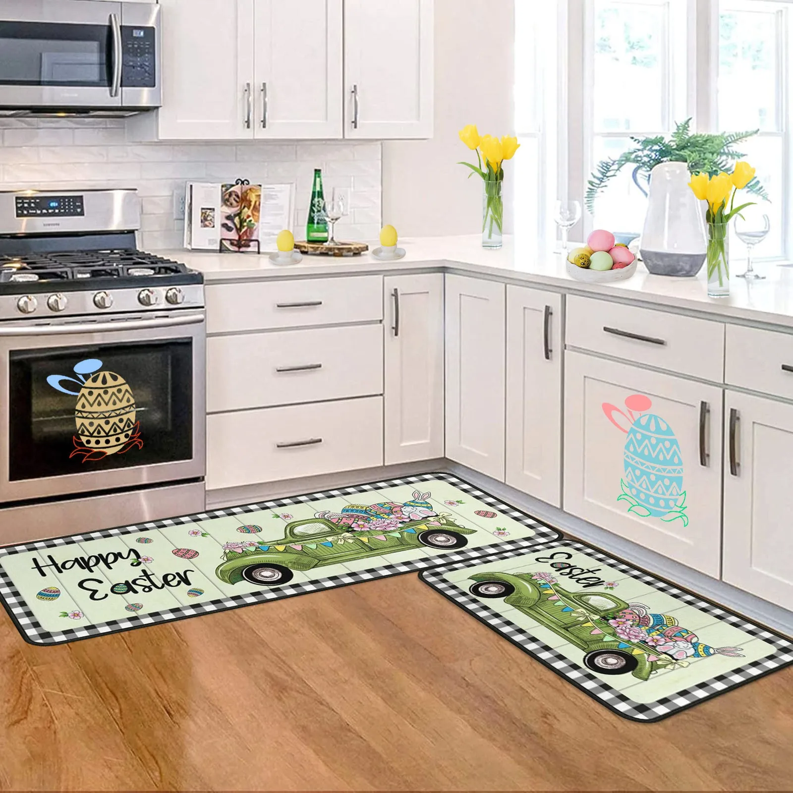 

Easter Floor Mat Two Piece Set Decoration Eggs Bunny Rabbit Ears Easter Kitchen Mats Set Of 2 Spring Home Decor Low Profile