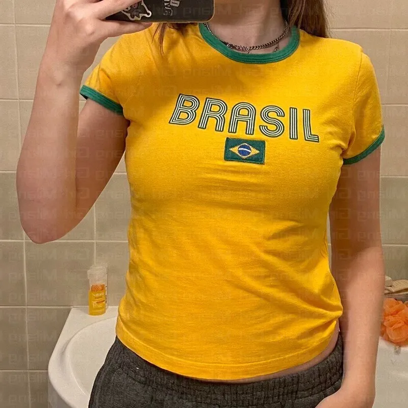 Aesthetic Women Summer Gothic Crop Top Brasil Flag Graphic Yellow T Shirts Y2k Clothing Vintage Casual T-shirt 2000s Tops Girls