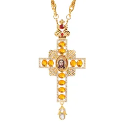 Pectoral Jesus Cross Necklace Orthodox icon Long Neckla Baptism Christian Golden Priest Crucifix Long Chain Religious Crafts