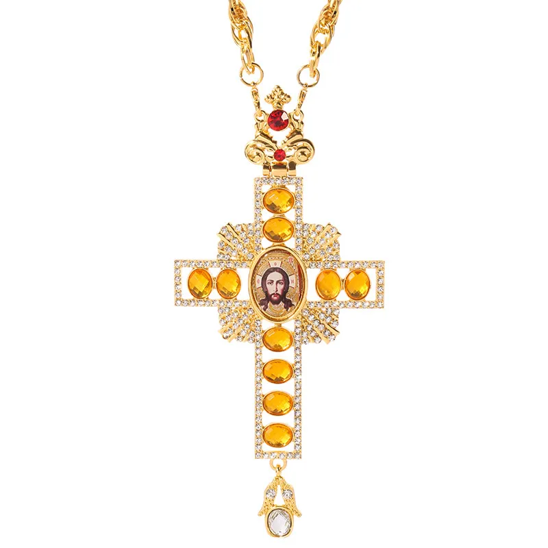 Pectoral Jesus Cross Necklace Orthodox icon Long Neckla Baptism Christian Golden Priest Crucifix Long Chain Religious Crafts