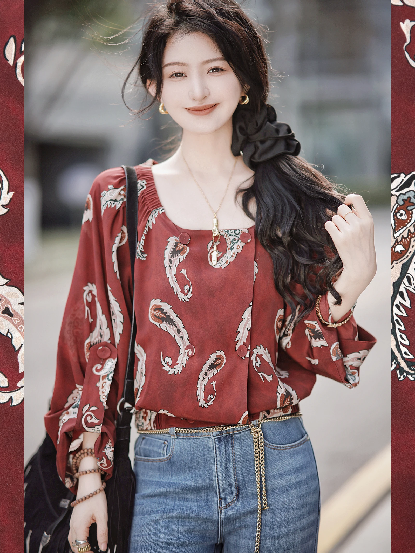 

Ele Bla Rose Series Silk irt by Zhao Daxi 00% Pure Silk Long Sve Commute Sle Women's Faion Spring Collection