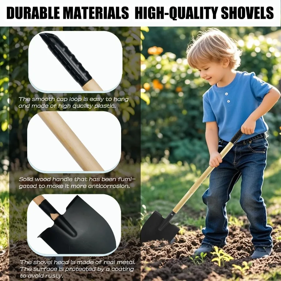 مجموعة أشعل النار والمجرفة مكونة من قطعتين من أدوات الحدائق برأس معدني مع مقبض خشبي مثالي للعب في الهواء الطلق وأنشطة البستنة المثالية