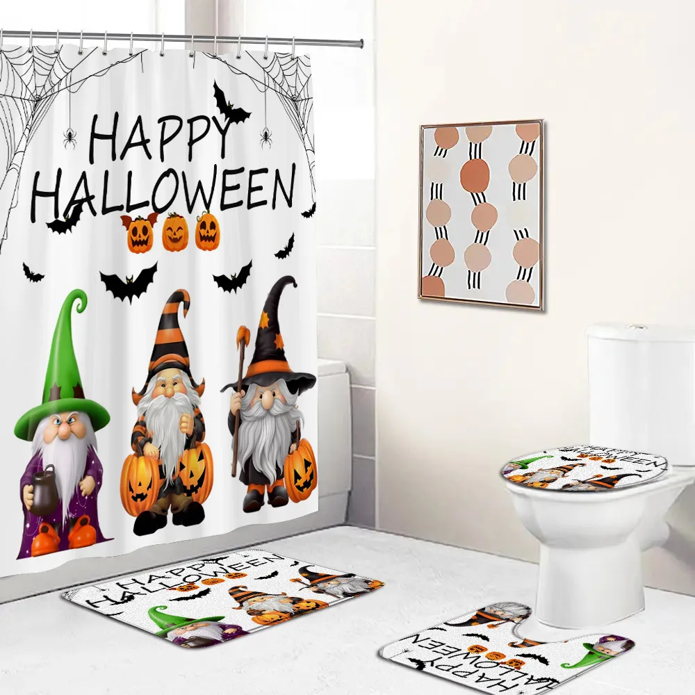 Happy Halloween Black Cat Funny Skeleton Shower Curtain Set Ghost Vacation Summer Bath Decor Modern Bathtub Rug Toilet Lid Cover