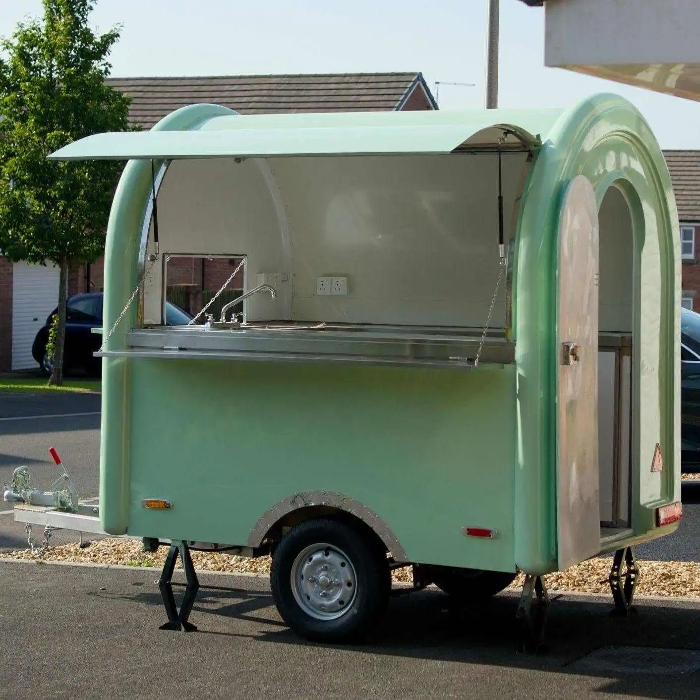 Retro Curved Food Trailer Mint Green Concession Truck Snack Food Candy Bubble Tea Ice Cream Fresh Coffee Pastry Dessert Beverage