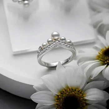 925 Silver Inlay เพชร V-รูปงานแต่งงานแหวนสีขาวมุกแหวนผู้หญิงประณีตแฟชั่นเครื่องประดับของขวัญ