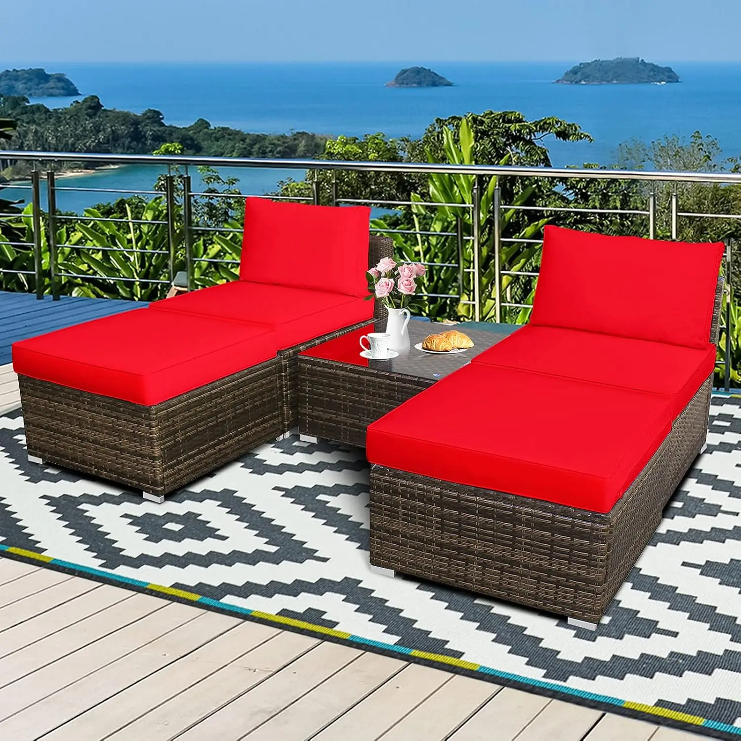 

5-Piece Chaise Lounge Set with Ottoman & Coffee Table Outdoor Rattan Wicker Lounge Chair Daybed Conversation Sofa Set w/Cushions