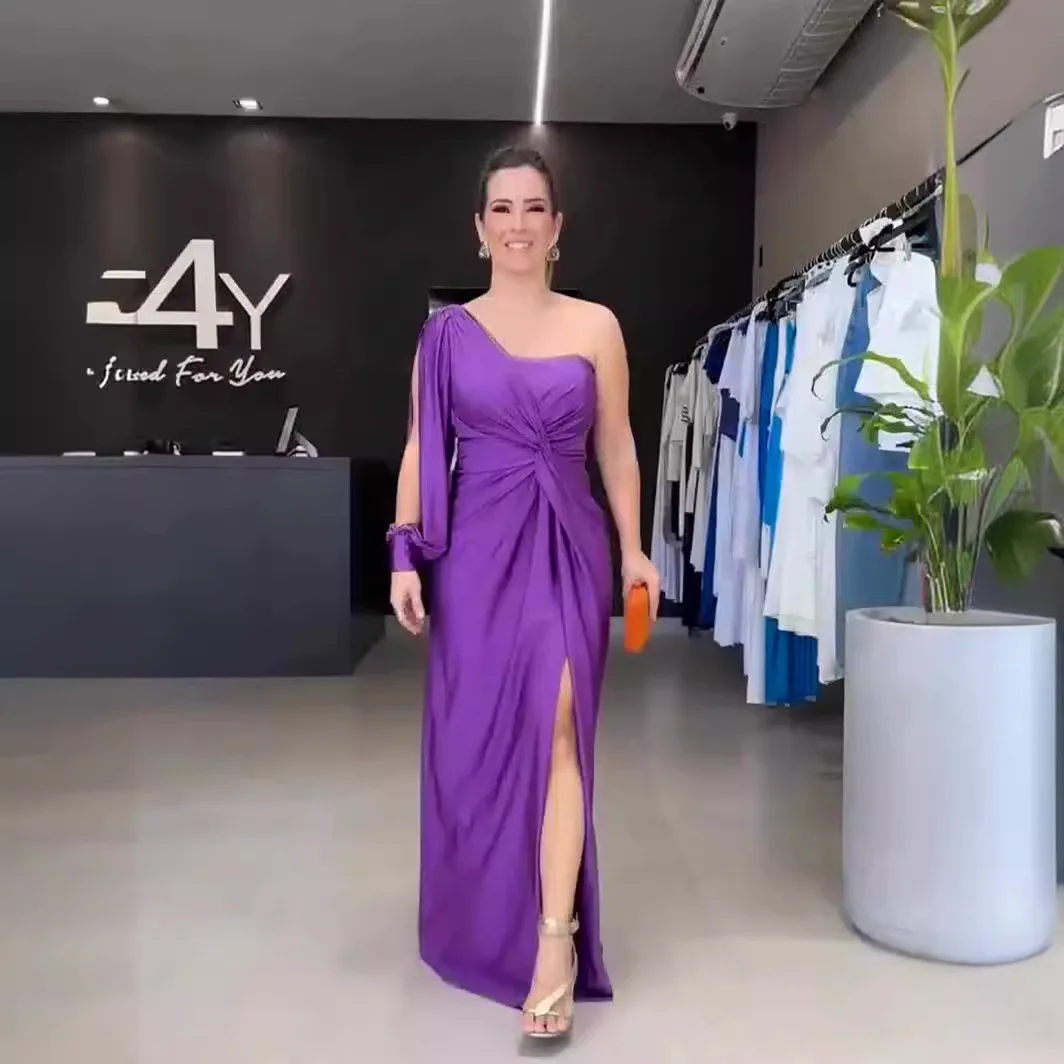 فستان نسائي نحيف مثير مأدبة موضة مزاجه حفلة الصلبة كم طويل كتف واحد الصدر التفاف سيدة أنيقة الإمبراطورية القماش #3