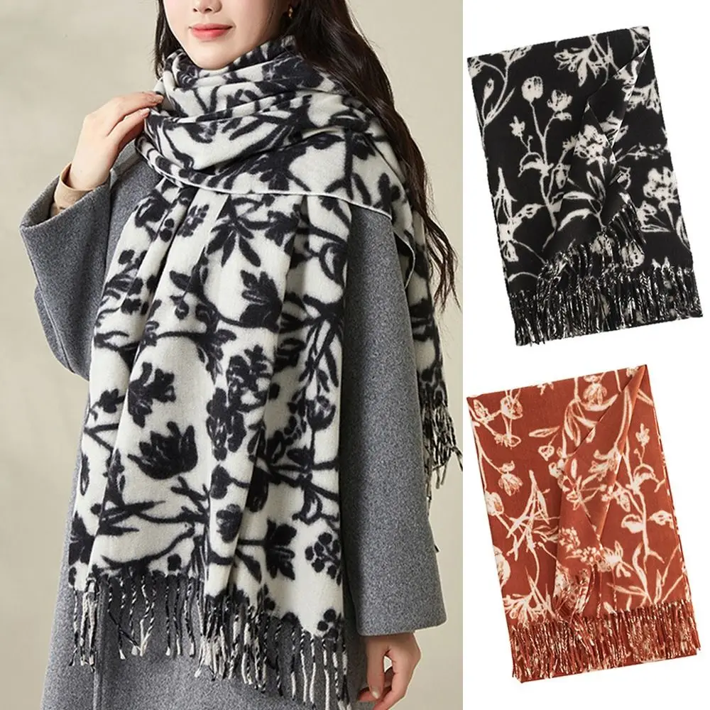 

Vintage Thickened Imitation Cashmere Scarf Cold-proof Tassel Neck Warmer Women's Shawl Floral Print Long Scarf Couple