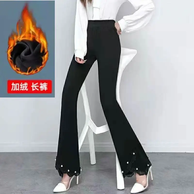 Autumn Korean Fashion High Waist Slim Bright Line Decoration Casual Flare Ladies Simplicity Patchwork Hollow Out Trend Trousers