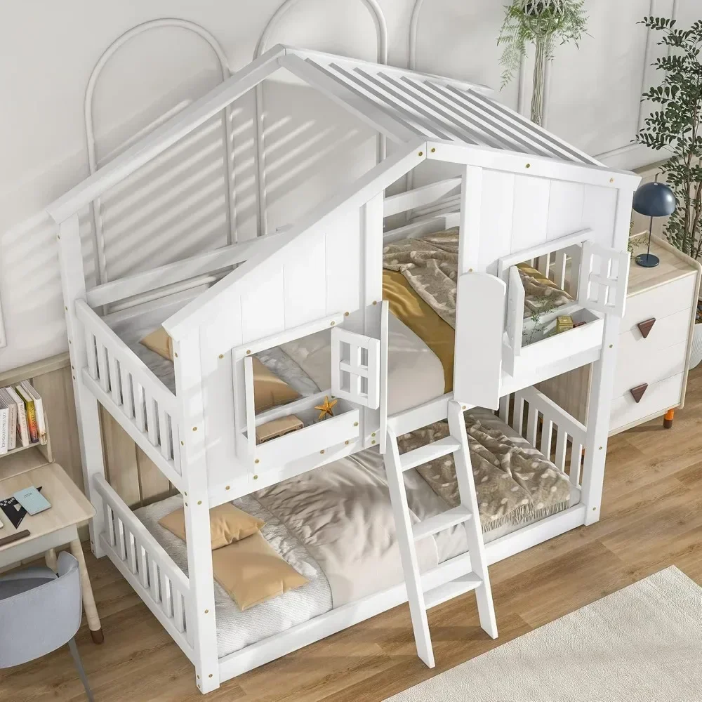 Litera doble para niños con estructura de madera doble con techo, ventana, caja con ventana, puerta, barandillas de seguridad y escalera, litera resistente y de seguridad