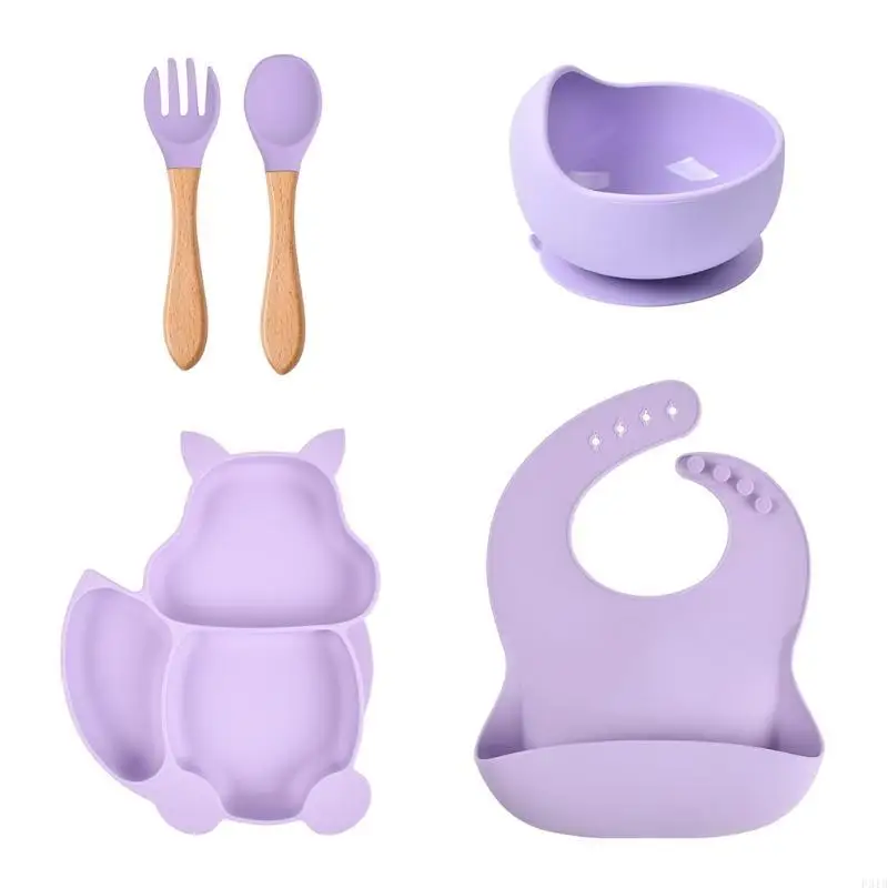 

5Pcs Baby Silicone Bibs Squirrel Divided Dinner Plate Sucker Bowl Spoon Fork Set P31B