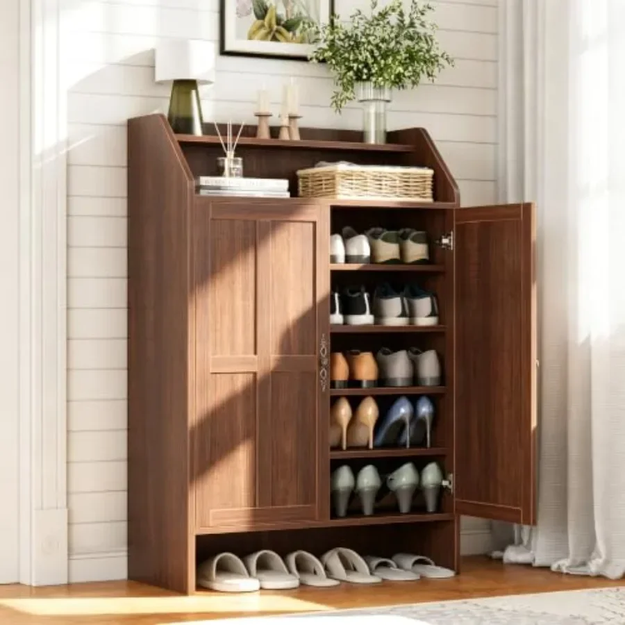 Shoe Storage Cabinet for Entryway Use, Made of Engineered Wood, Espresso Brown Finish, Space-Saving Vertical Design with Adjust