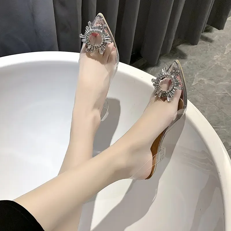 BCEBYL Spring and Autumn Fashion New Sexy Banquet Transparent Comfortable Solid Color Pointed Toe Crystal Ladies High Heels