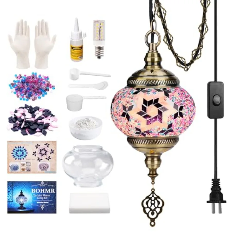 

DIY Turkish Mosaic Lamp Kit, 5.2"D Plug-in Stained Glass Pendant Hanging Lamp Making Kit with 15Feet Cord-No Skills Needed, Mos