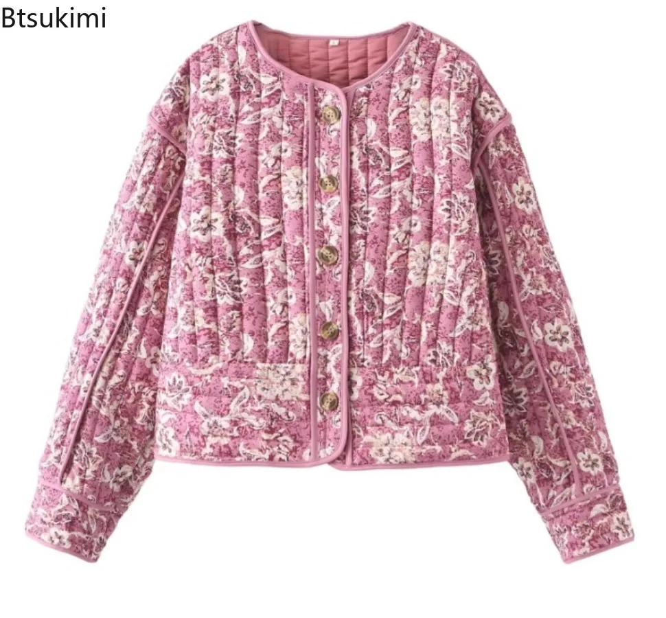 Floral Print Women Quilted Jacket Women Winter 2025 New Thickened Stand-up Collar Warm Coat Fashion Female Streetwear Outerwear