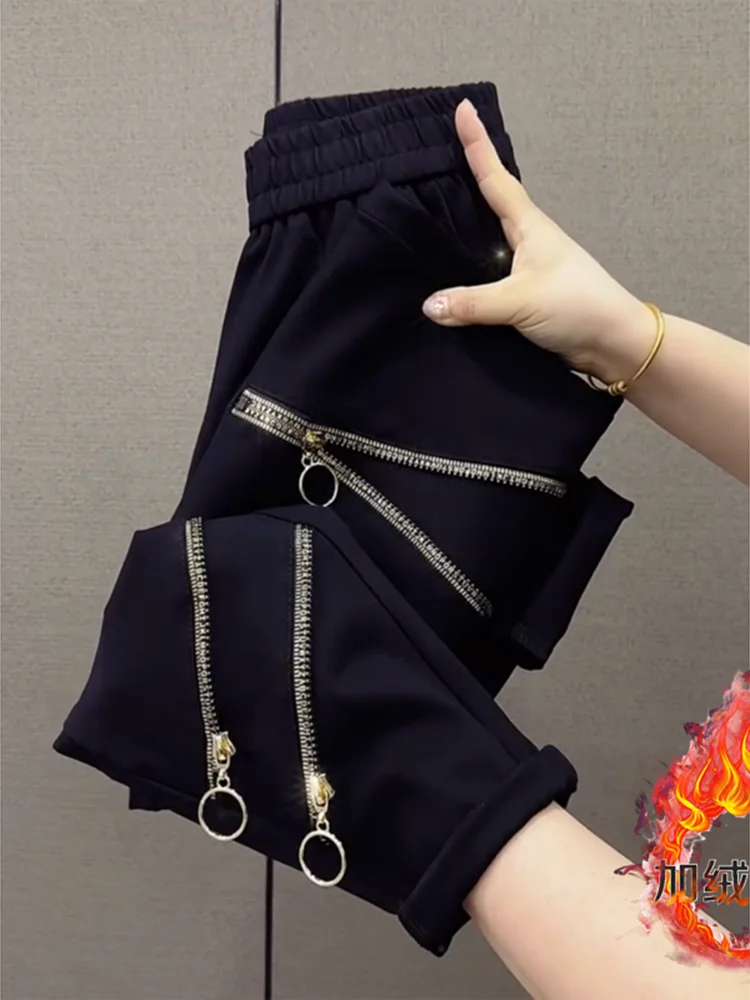 

Корейская версия, дизайн на молнии, свободные брюки-харун, женские модные уличные брюки с высокой талией, девять точек, прямые брюки