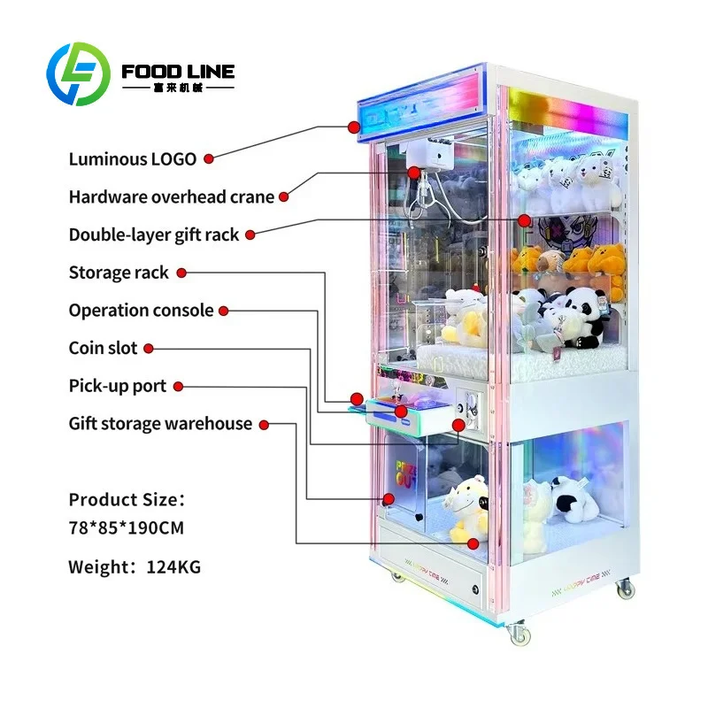 7pc customized multi‑material claw machine toy catcher wood acrylic metal tempered glass cabinet coin‑operated arcade game