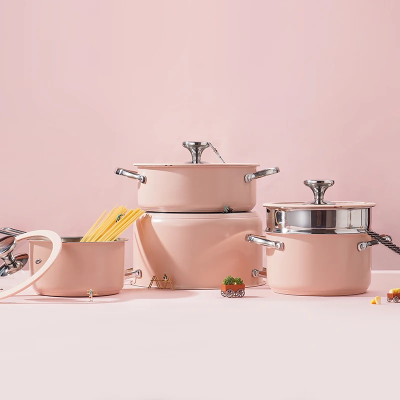 

Stainless Steel 9pcs Pot Set, Including 1 Milk Pot, 2 Stockpots, 1 Non-Stick Pan, 4 LIDS And 1 Steamer Pink Shipping From USA