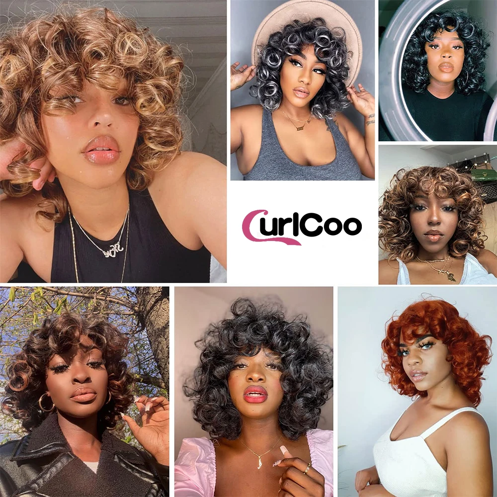 ผมสั้น Afro Kinky Curly Wigs กับ Bangs สำหรับ Fluffy สังเคราะห์แอฟริกัน Ombre คอสเพลย์สีน้ำตาลสีบลอนด์ธรรมชาติเส้นใยผม