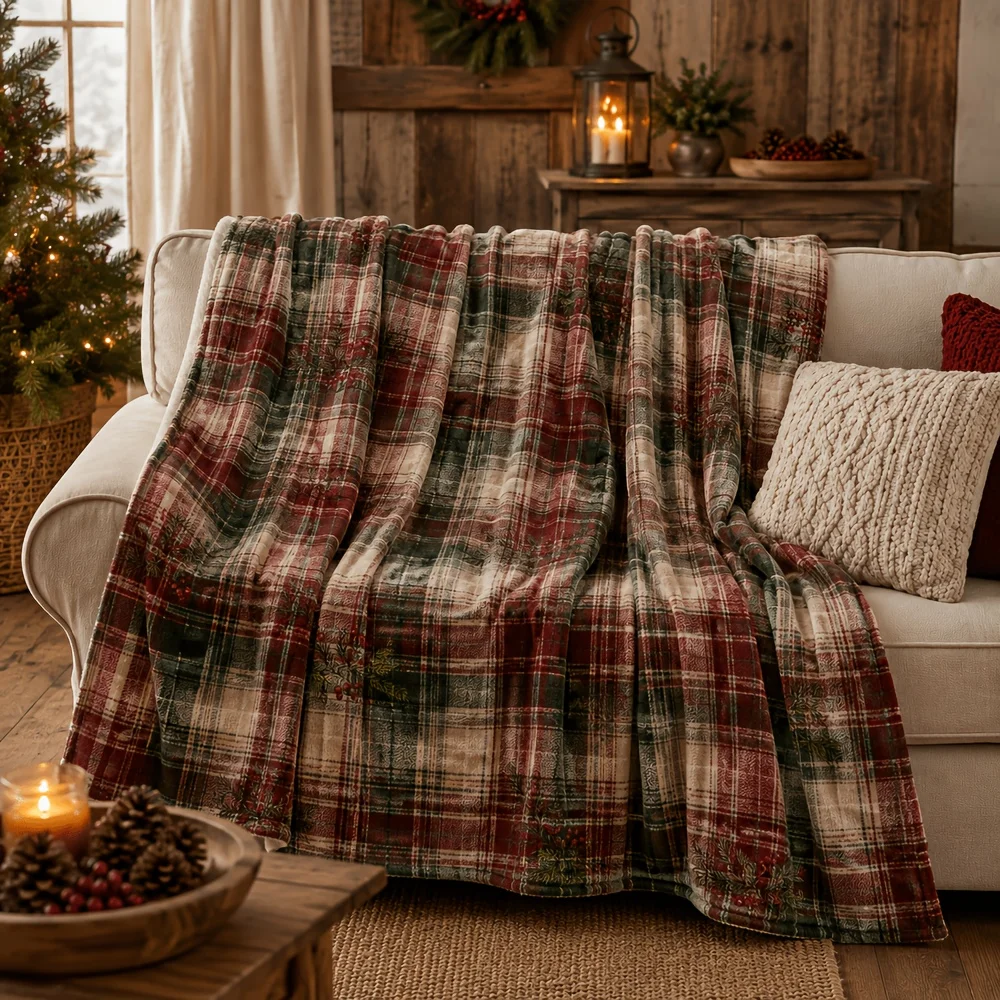 Christmas Plaid Flannel Blanket Tartan Check Pine Branch Berry Vintage Holiday Throw Blanket for Sofa Bed Couch Bedroom Living Room Winter Home Decor Farmhouse Decoration Seasonal Gift Cozy Nap Blanket Office Travel Rustic Cabin Bedding Room Accent