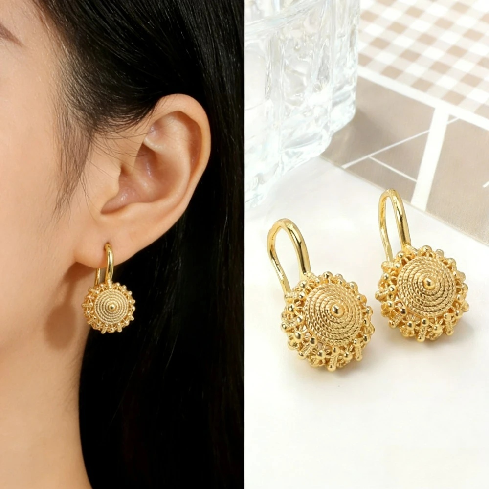 Gold Plated Stainless Steel Vintage Filigree Round Drop Hook Earrings Tarnish Resistant Hypoallergenic Jewelry for Women Daily W