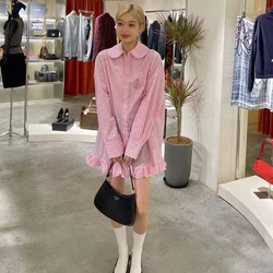 MEXZT Harajuku Sweet Plaid Dress Women Pink Ruffles Mini Shirt Dresses Korean Vintage Streetwear Long Sleeve Casual Vestidos