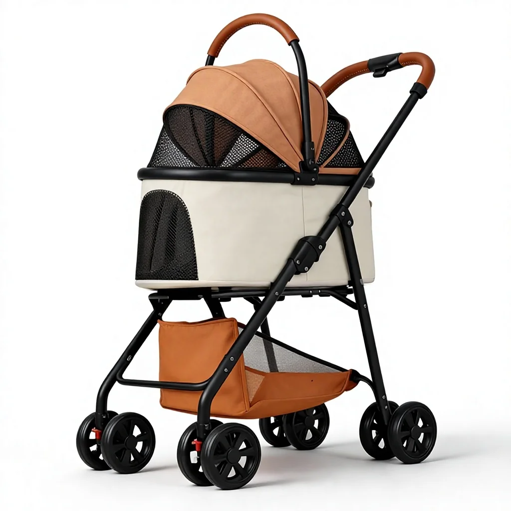 Carbon Steel Pet Stroller Lightweight Foldable Detachable & Portable for Small to Medium Dogs and Cats