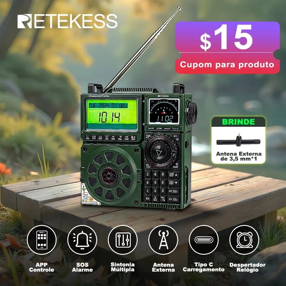 RETEKESS TR113 radio portátil am fm Flagship febre receptor, Full Band Ham Rádio, FM,MW,SW,VHF,UHF,WB,banda de aviación,SSB ondas curtas, Antena externa，caixa de som,altavoz compatible con tarjeta TF AUX para presente