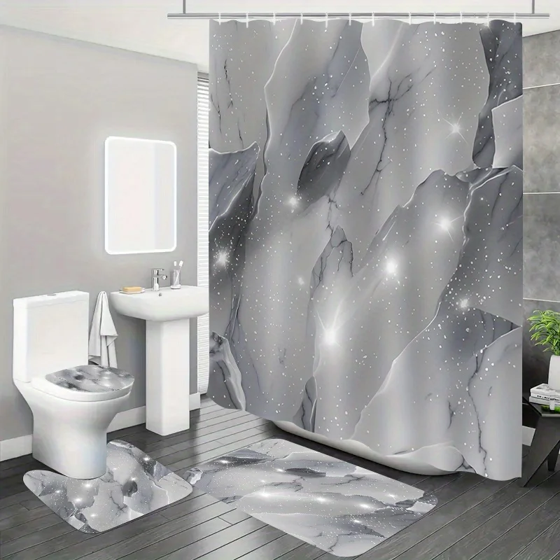 

4pc Starry Gray Marble Pattern Bathroom Set - Polyester Fabric, Shower Curtain + Rug + Toilet Seat + U-Shaped Mattress