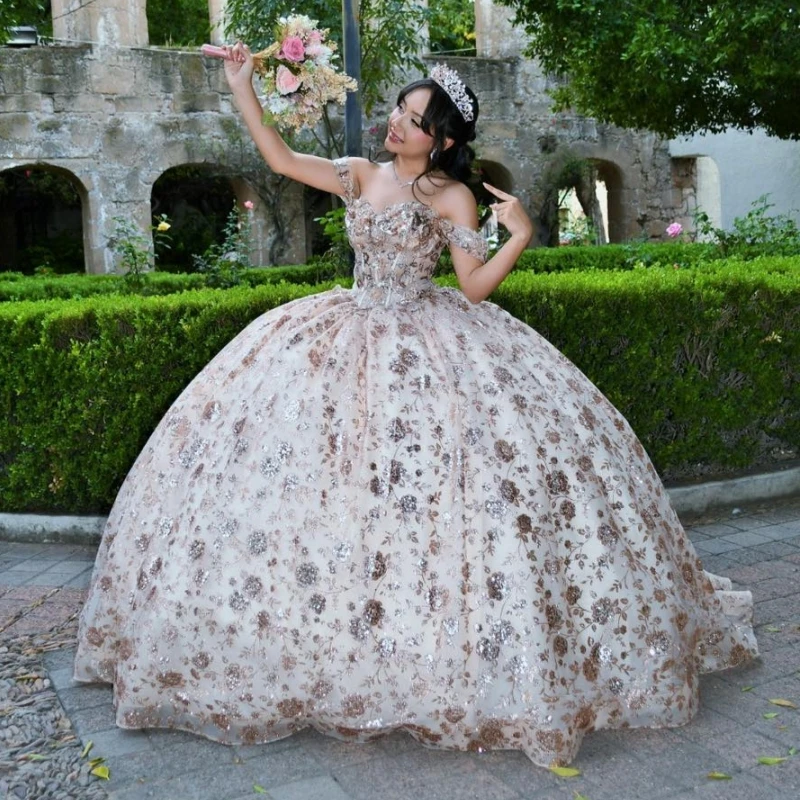 

Champagne Shiny Quinceanera Dresses Off The Shoulder Sequin Applique Lace Beading Crystal Bow Tull Party Birthday Sweet 16 Dress