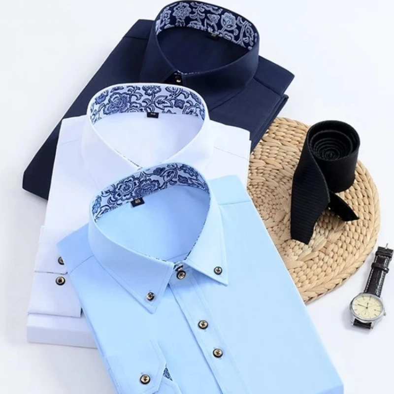 Classic Long Sleeve Shirts for Men's Business Activities Button Up Men's Dress Shirt with Regular Fit White Shirt Plus Size 5XL