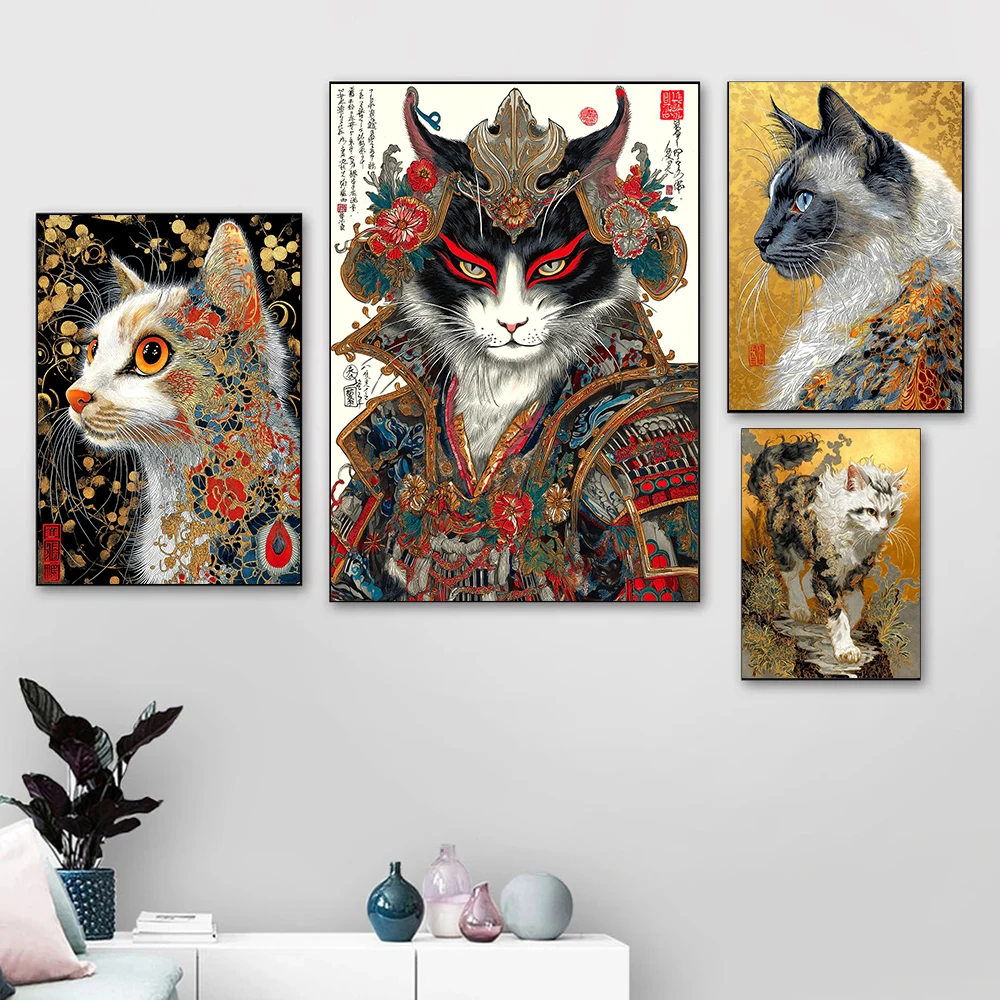 Samurai Cat Portrait Posters Elegant Floral Golden Japanese Style Modern Prints Canvas Wall Art Pictures Home Living Room 
