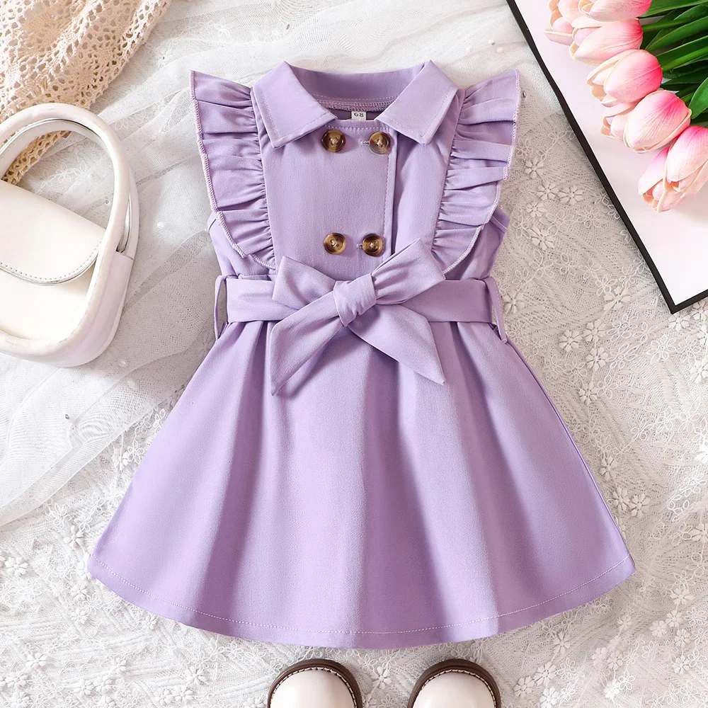 Wholesale Kids Girls Retro Solid Color Trench Belted Dress Double Breasted Elegant Summer Baby Dress