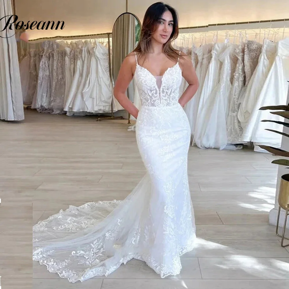 Charming Mermaid Wedding Dresses Appliques Tulle Spaghetti Straps Bridal Gowns Chapel Train Robe De Soirée De Mariage Customised