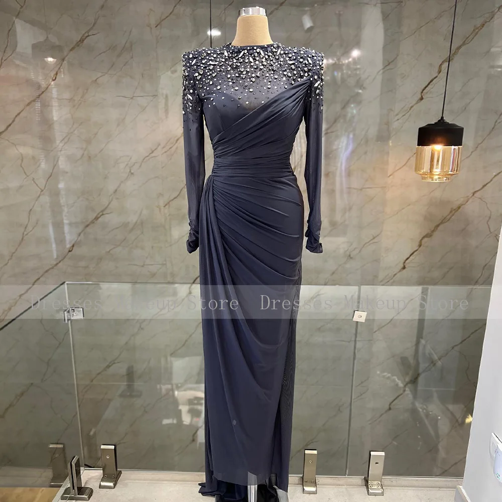 Mermaid Evening Dress Green Long Sleeves Crystal Luxury Gowns for Women 2023 O Neck Trumpet Illusion Party