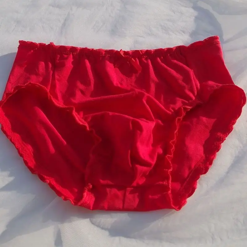 Solid Color Men's Soft Cotton Briefs Low Waist Sweet Sissy Lace Trim Bow Ruffled Panty LGBT Convex Pouch Intimates Sexy Parties