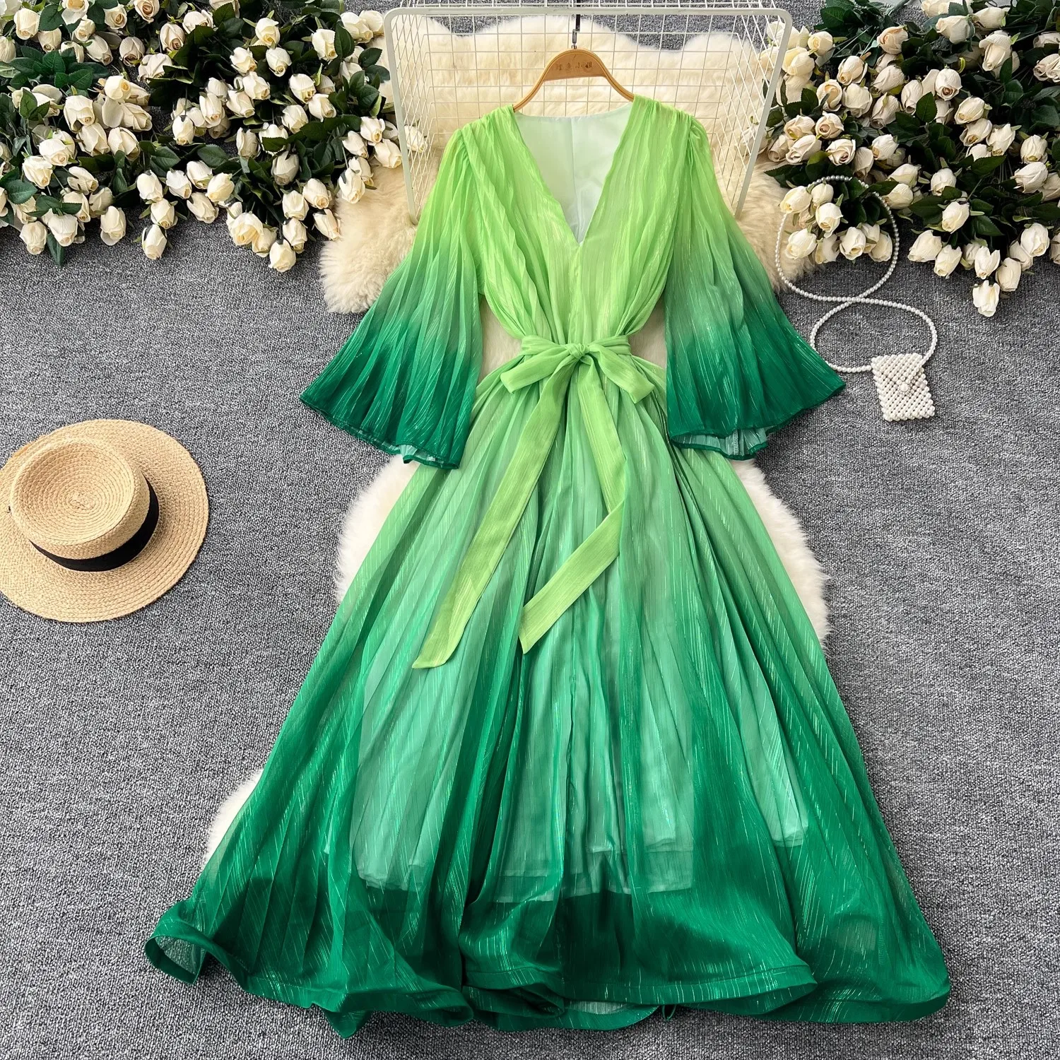 Summer Holiday Bright Silk Chiffon Ruffles Robes Women's V-Neck Flare Sleeve Gradient Color Belt Lace Up Beach Party Vestidos