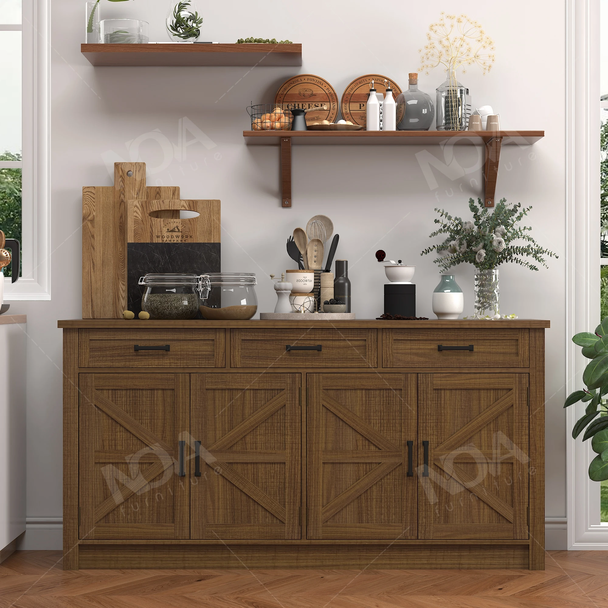 

Farmhouse Style Large Wooden Sideboard Cabinet 4 Doors 3 Drawers Kitchen Dining Room Furniture For Hotel Use