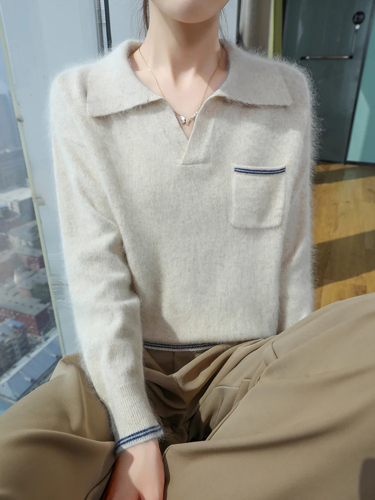 100% 밍크 캐시미어 여성 폴로 칼라 풀오버 부드러운 따뜻함 가을 겨울 캐주얼 패션 니트 롱 벨벳 스웨터