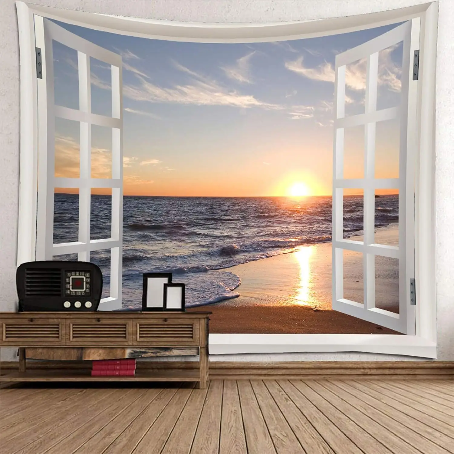 Homiest 3D Ocean Tapestry Wall Hanging Sun Sunset Sea Beach Landscape Tapestry Window Tapestries for Bedroom Living Room Home De