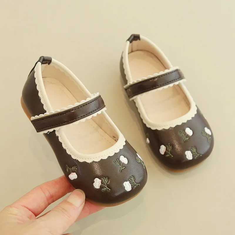 Girls Leather Shoes Fashion Flower Embroidery Little Girl Shoes Kids Princess Shoes Flat Heels Soft Bottom