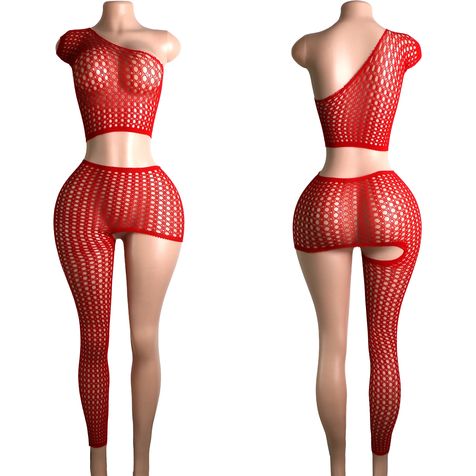 

Exotic Dancewear Stripper Outfit Bodysuit Stage Stockings Asymmetric Sexy Clubwear Lingerie Designer Mesh Two-Piece Sleeveless
