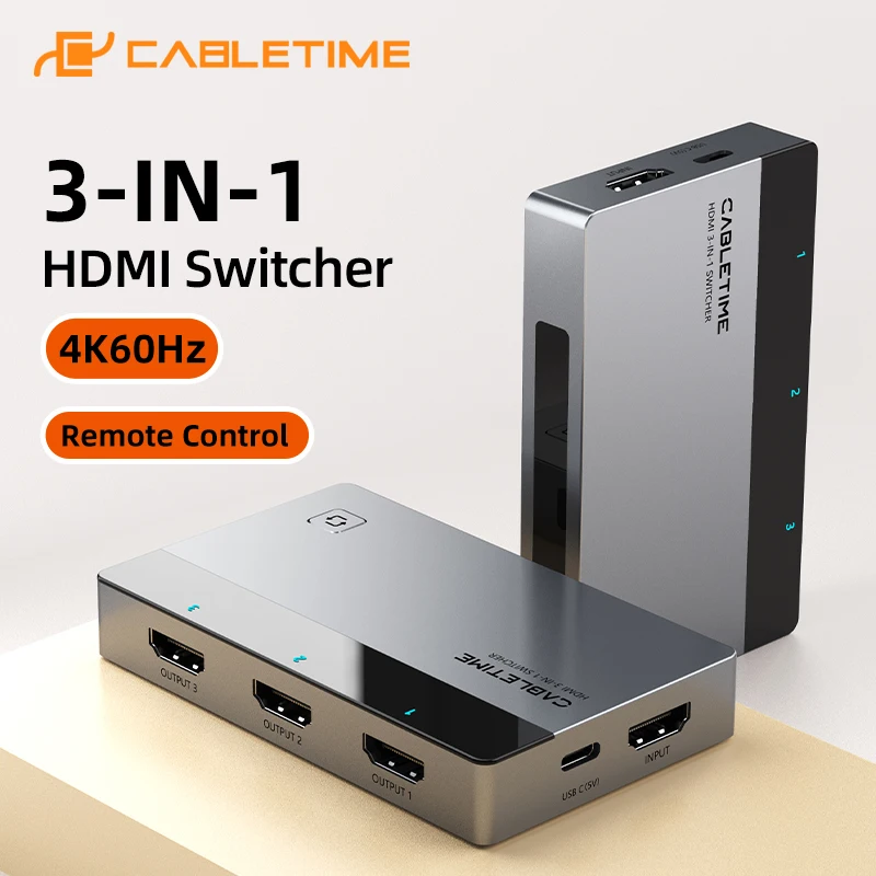

CABLETIME 3 in 1 HDMI Switcher 4K@60Hz Resolution HDMI Splitter HDTV Mi Box PS4/5 Output HDMI Switch for Laptop Macbook