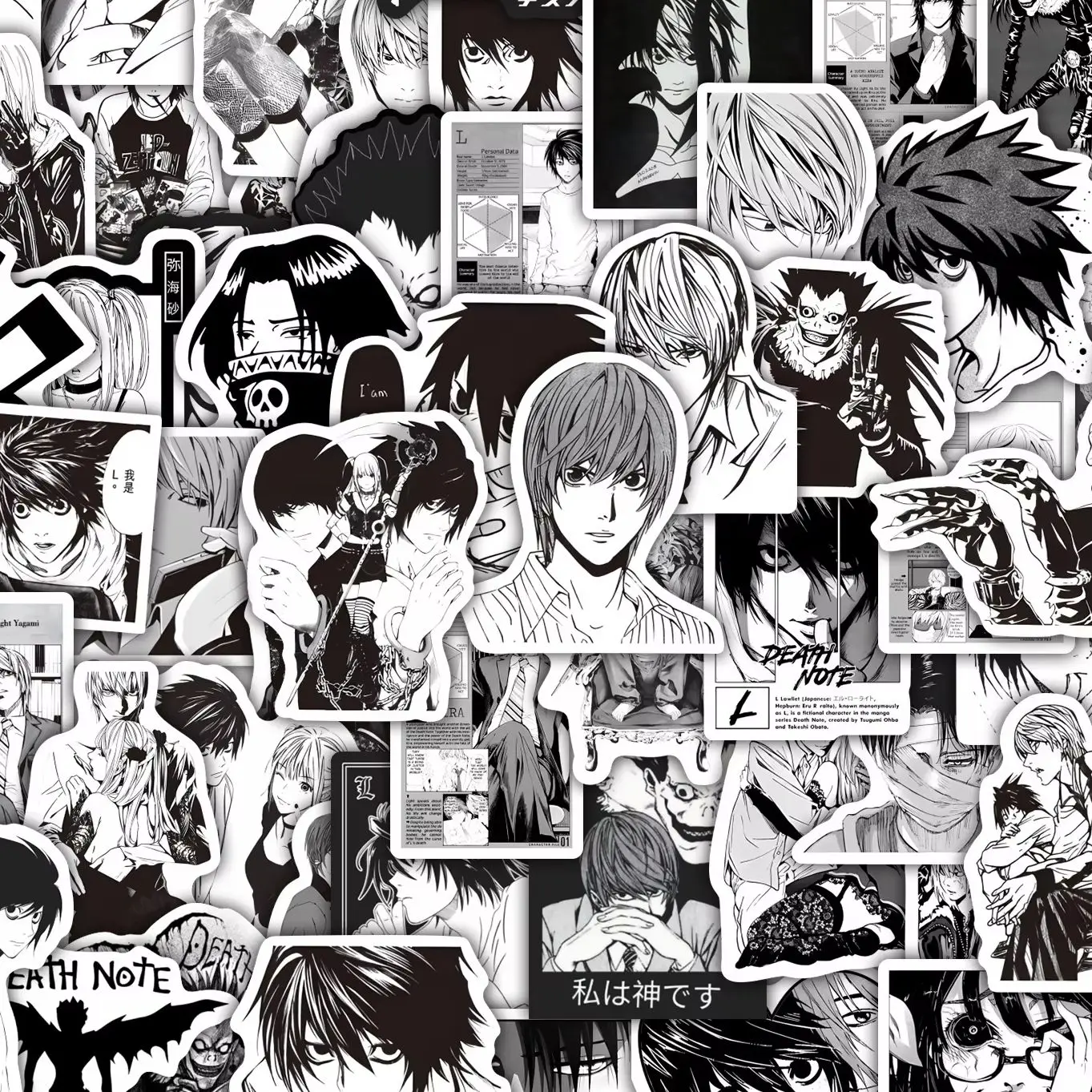 10/55 قطعة ملصقات أنيمي ديث نوت باللونين الأسود والأبيض للديكور، ملصقات مقاومة للماء للجيتار والهاتف والحقائب وأكواب المياه ولوح التزلج