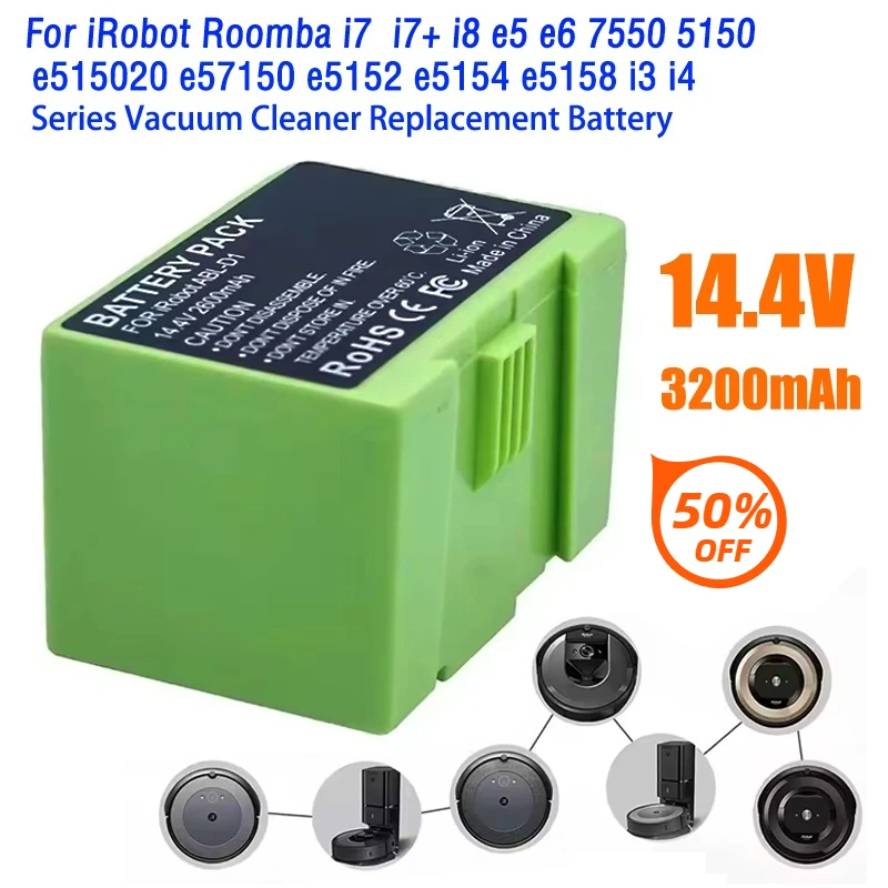 

Высококачественная замена аккумулятора I7 14,4 В для IRobot Roomba E & I серии I7+ E5 7150 7550 I3 3150 I3+ 3550 I4 4150, часть 3200 мАч