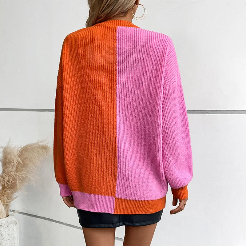 Color Block Sweater Women New Casual Loose Long Sleeve Knitted Cardigan Jacket